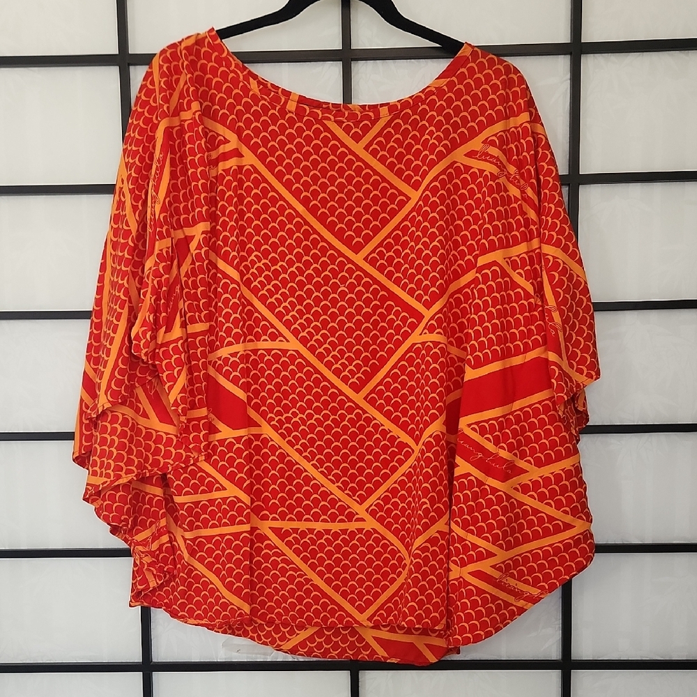 Vibrant Red and Orange Asymmetrical Dolman Sleeve Blouse